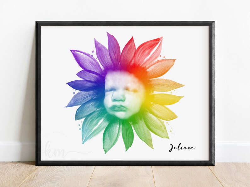 Pu&ograve; includere: Un dipinto ad acquerello di un girasole arcobaleno con il viso di un bambino al centro. Il girasole &egrave; circondato da uno sfondo bianco e il nome "Julianna" &egrave; scritto in corsivo nell'angolo in basso a destra.
