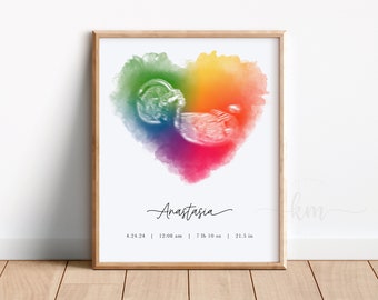 Regenbogen Baby Andenken, Aquarell Ultraschall Kunst, Muttertagsgeschenk, Herz Sonogramm Druck, Schwangerschaft Verlust, Duschgeschenke, Fehlgeburt Geschenk