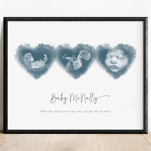 May include: A framed print featuring three ultrasound images of a baby within blue heart-shaped watercolor backgrounds. The name "Baby McNally" is written in cursive below the images, with a quote beneath it.
