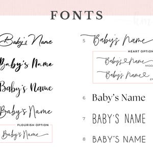 Pu&ograve; includere: Un grafico che mostra otto diversi stili di font per la frase "Baby's Name". I font vanno dalla scrittura corsiva alle lettere a blocchi. Il grafico include un'opzione cuore e un'opzione a fioritura.
