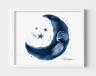 Moon and Stars Ultrasound Art, Baby Sonogram Watercolor Print, Custom Nursery Sonogram Print, Personalized New Mom Gift, Baby Shower Gift