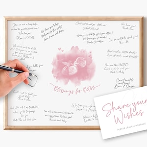 Puede incluir: Un libro de visitas para baby shower enmarcado con un diseño de acuarela rosa y las palabras "Blessings for Betsy". El libro está lleno de mensajes escritos a mano. También se incluye una tarjeta que dice "Share your Wishes".