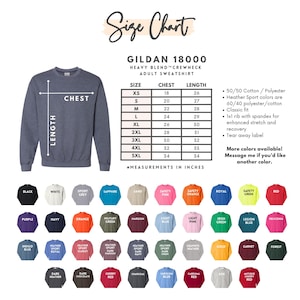 May include: A navy blue Gildan 18000 crewneck adult sweatshirt with a size chart. The chart lists chest and length measurements in inches. Available colors include black, white, and red.