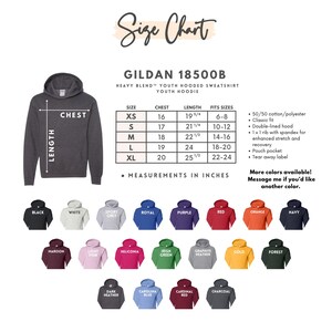 May include: A size chart for a Gildan 18500B youth hooded sweatshirt. The chart includes chest and length measurements in inches for sizes XS to XL. The image also displays a variety of available colors.