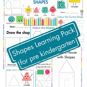 May include: A colorful educational workbook titled "My Book of Shapes" for pre-kindergarten. The workbook features various shapes like stars, triangles, squares, and circles, with activities such as coloring and drawing. The cover includes the text "Shapes Learning Pack".