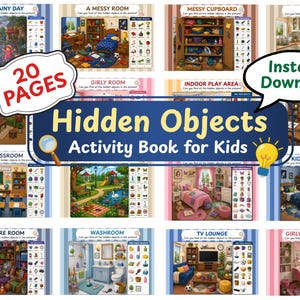 Könnte beinhalten: Ein digitales Aktivitätsbuch für Kinder mit 20 Seiten voller Suchbilder. Jede Seite zeigt eine farbenfrohe Szene, wie ein Klassenzimmer oder Schlafzimmer, mit einer Liste der zu suchenden Objekte. Der Text lautet Hidden Objects Activity Book for Kids.