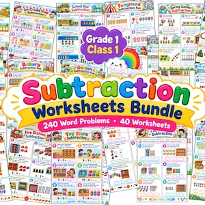 May include: A collection of educational subtraction worksheets for Grade 1 students, featuring 40 pages and 240 word problems. The bundle includes colorful themes like dinosaurs, school buses, fairgrounds, and holidays, with math problems and illustrations.