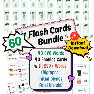May include: A set of flash cards for learning, featuring 60 cards with CVC words, phonics, digraphs, and blends. The cards are designed for instant download and include colourful illustrations and text.