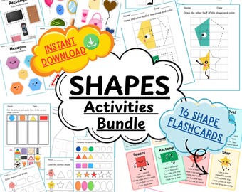 Shapes Activities Bundle | Preschool Shape Worksheets | 16 Shape Flashcards | Kindergarten Math Printable| Shape Tracing, Drawing & Coloring