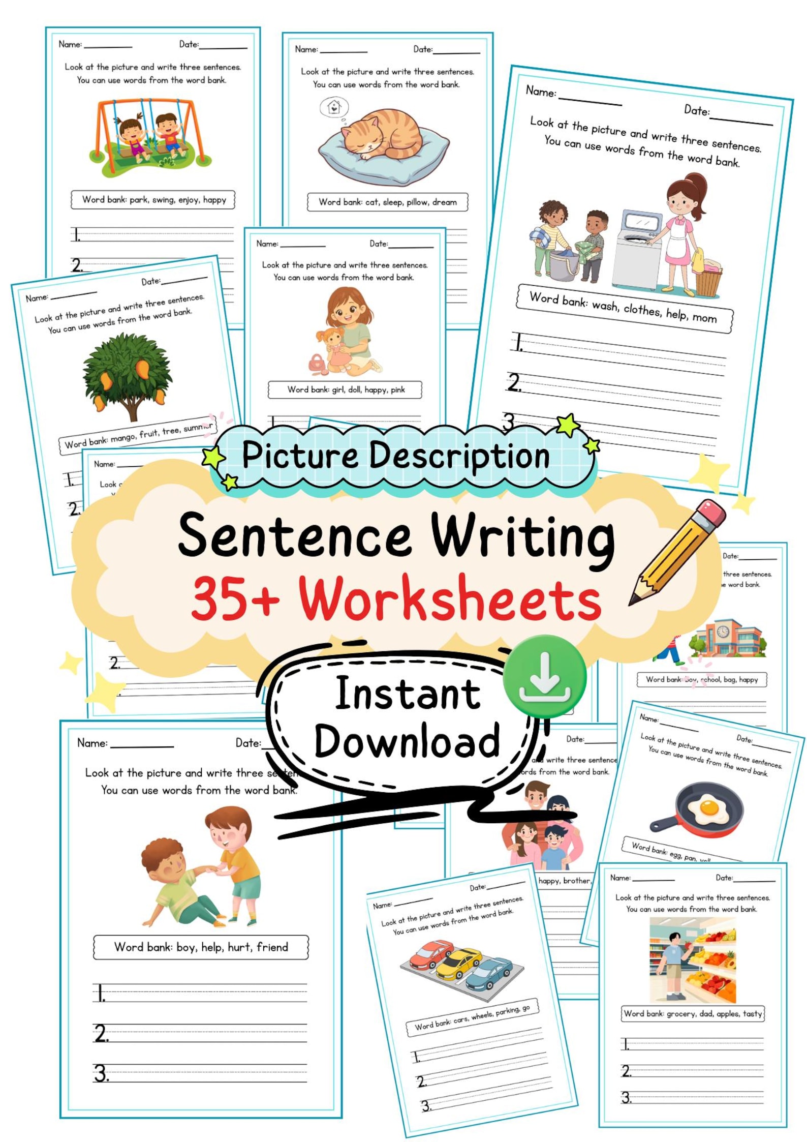 Printable Sentence Writing Worksheets for Kids| Picture Description ...