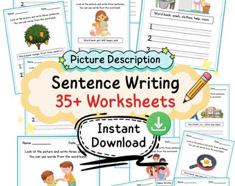 Hojas de trabajo imprimibles para escribir oraciones para niños / Actividades de descripción de imágenes / Práctica de escritura para jardín de infantes / Lengua y literatura para preescolar / PDF para educación en el hogar