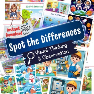 Może przedstawiać: Zbiór kolorowych łamigłówek "Znajdź różnice" dla dzieci. Obraz przedstawia różne sceny, w tym astronautów, podwodne światy i codzienne otoczenie. Tekst zawiera "Natychmiastowe pobieranie" i "Myślenie wizualne".