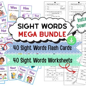 May include: A Sight Words Mega Bundle educational set featuring 40 colorful flash cards with illustrations and 40 black and white printable worksheets for literacy practice. The design includes a cloud-shaped title and two horizontal banners.