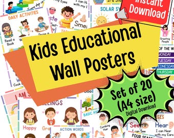 May include: A collection of 20 educational wall posters for kids, featuring topics like the five senses, weather, time, daily activities, and feelings. The posters are A4 size and available for instant download.