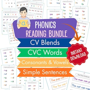 Puede incluir: Un paquete digital de lectura fonética con hojas de trabajo educativas que incluyen combinaciones CV, palabras CVC, consonantes, vocales y oraciones simples. El gráfico incluye un personaje sosteniendo una tarjeta con la letra a y el texto PHONICS READING BUNDLE.