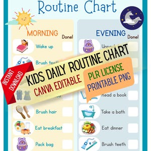 Daily Routine Chart Printable|Kindergarten Kids Morning & Evening Schedule| Canva Editable PLR | PNG Template| Habit Tracker digital Planner