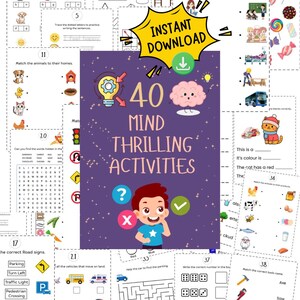 以下が含まれることがあります： 子供向けの印刷可能な教育活動シートのコレクション。表紙には「40 Mind Thrilling Activities」の文字と、電球、脳、漫画の男の子のイラストが描かれています。マッチング、迷路などが含まれています。
