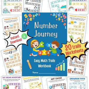 Może przedstawiać: Kolorowy zeszyt ćwiczeń zatytułowany "Number Journey" z 20 ścieżkami matematycznymi. Okładka przedstawia dzieci z kreskówek układające elementy układanki. Arkusze robocze zawierają tematy takie jak "Blooming Flowers", "Penguin Path" i "Ice Cream Adventure".
