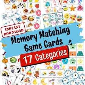 May include: A collection of printable memory matching game cards featuring 17 categories of colorful illustrations including animals, food, school supplies, sea creatures, medical tools, emojis, letters, shapes, numbers, tools, toys, and clocks.