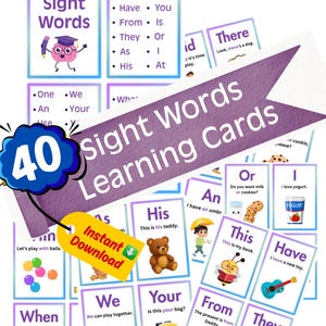 Tarjetas de aprendizaje de palabras de uso frecuente – Imprimibles / 40 tarjetas con palabras, imágenes y oraciones / Para niños de preescolar y jardín de infantes