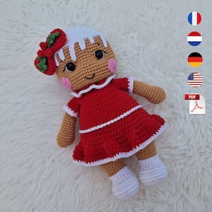 Crochet Gingerbread Girl Pattern, Amigurumi Christamas Gingerbread PDF , English (US Terms), Dutch, French, German