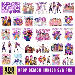 Peut inclure: Une collection de motifs numériques sur le thème de la K-Pop, avec divers personnages et du texte. Les motifs incluent les phrases "K-Pop Demon Hunters", "Saja Boys" et "Huntrix". L'image comprend également le texte "400 Designs" et "K-Pop Demon Hunter SVG PNG".
