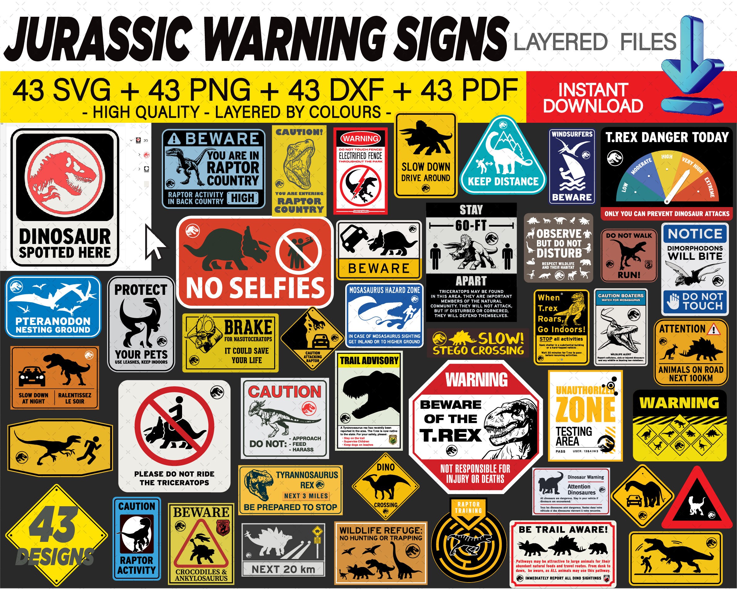 43 Jurassic Warning Sign. Layered Svg Transparent Background - Etsy Canada