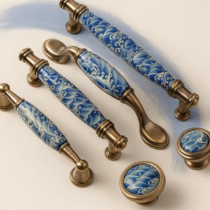 Cabinet Handles and Knobs: blue ceramic vintage hardware for kitchen cabinets, dresser drawers