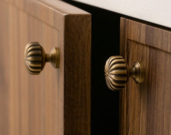 Cabinet Knobs: Antique Brass Fluted Round, Vintage Drawer Hardware for Kitchen and Dresser