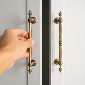 Cabinet Pulls: Antique Brass Turned Spindle Rosette, Vintage Classic Drawer Handles