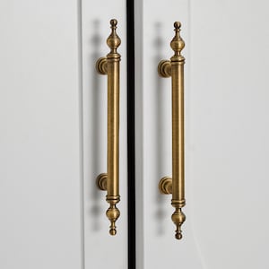 Cabinet Pulls: Antique Brass Finial Bar Handles, Vintage Dresser, Wardrobe Hardware