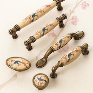 Cabinet Hardware: Vintage Ceramic Bird Inlay, Antique Brass Knobs and Pulls , kitchen cabinet