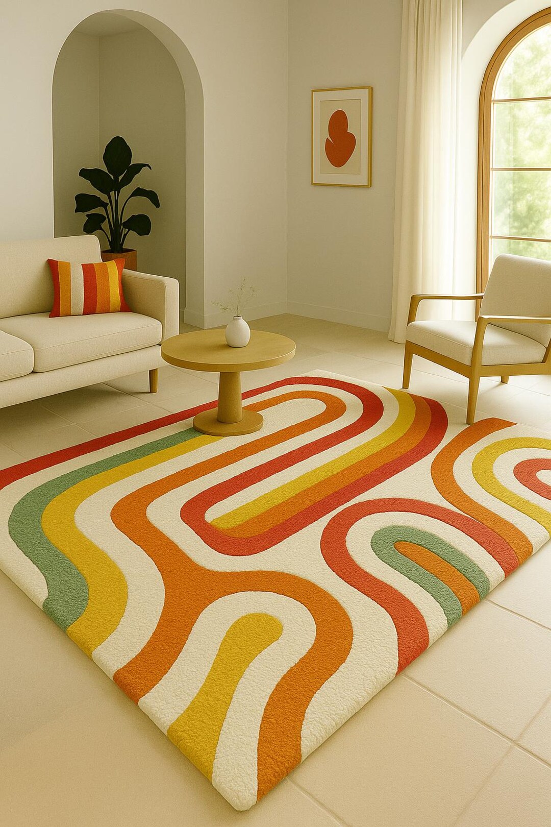 Hand-tufted Wool Rug – Retro Sunset Wave Design, Mid-century Modern - Etsy