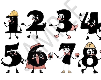10 imágenes prediseñadas de números animados retro, figuras de constructores, héroes con capa y mecánicos, matemáticas para niños, archivos SVG de dibujos animados para cumpleaños, pegatinas, profesores, estilo vintage