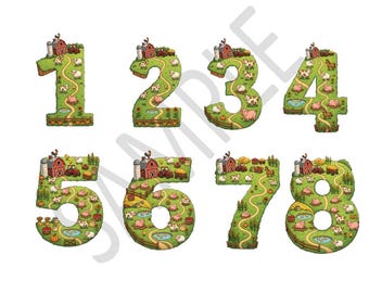 Imágenes prediseñadas PNG de animales de granja y el número 10, paquete de archivos digitales para sublimación con temática de granja, diseño comercial para manualidades, estampado divertido para camisetas de cumpleaños con el número 10.