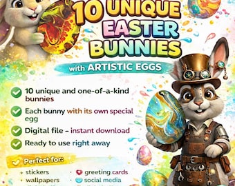 10 imágenes prediseñadas artísticas de conejitos de Pascua, descarga digital, conejitos lindos, huevos pintados, gráficos de tarjetas de felicitación de Pascua, pegatinas, álbumes de recortes, arte
