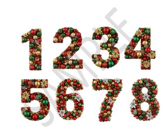 Paquete de 10 números navideños en formato PNG, imágenes prediseñadas digitales, SVG para calendario de Adviento, álbumes de recortes navideños, números de invierno en PNG, archivos de alta calidad, bolas.