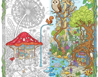Libro para colorear de naturaleza urbana surrealista, paisajes urbanos descuidados para imprimir, arte arquitectónico botánico, ruinas urbanas extravagantes, hojas para colorear para adultos