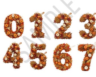 Letras otoñales con 10 números, imágenes prediseñadas de coronas de calabazas y hojas, alfabeto otoñal en PNG para sublimación, monograma de Acción de Gracias, diseño digital para manualidades.
