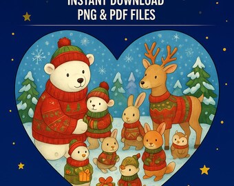 Páginas para colorear de corazones imprimibles, paquete navideño de invierno, diseños acogedores, descarga digital para unas vacaciones relajantes, dulces, animales, Papá Noel.