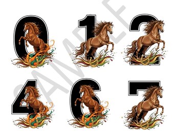 Números PNG con forma de caballo (10 unidades), paquete de sublimación para Navidad y Año Nuevo, números festivos para tarjetas de felicitación, decoración, animales