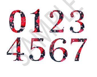 Números con un llamativo patrón floral rojo, conjunto de imágenes prediseñadas imprimibles, dígitos decorativos, para álbumes de recortes, diarios de viñetas e invitaciones para eventos.