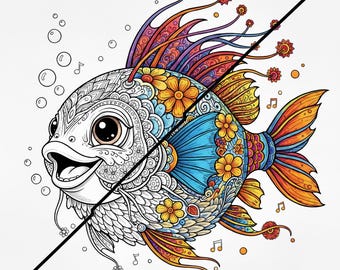Página para colorear de peces de fantasía imprimible, arte lineal de vida marina, mandala oceánico zen, mundo submarino consciente, hoja para colorear de descarga instantánea