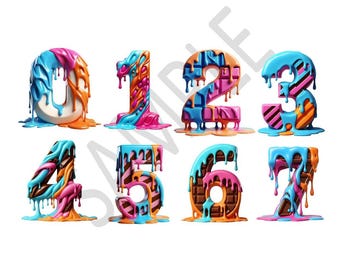 Conjunto de 10 números de caramelo en formato PNG / Dígitos con fuente de tienda de dulces para sublimación, diseño de camiseta de cumpleaños con donas, descarga de imágenes prediseñadas digitales de Candyland, miel