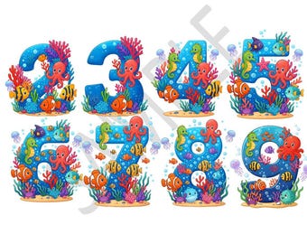 Conjunto de 10 números de sirena en formato PNG con fuente de sublimación oceánica para diseño de camisetas de cumpleaños infantiles, imágenes prediseñadas digitales bajo el mar, color azul océano.