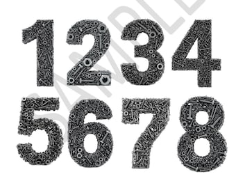 10 números de ferretería industrial, imágenes prediseñadas SVG y PNG para diseño de logotipos e impresión de camisetas, dígitos mecánicos, tuercas, pernos, tornillos, tipografía decorativa
