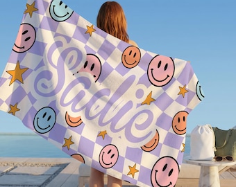 Custom Checkered Smiley Towels,Friends Towel Customization,Birthday Beach Towel with Name,Colorful Kids Gift,Kids Towels,Vacation Pool Towel