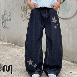 Stjärnjeans med lapptäcke | Denimbyxor med vida ben | Vardagskläder | Retro streetwear-stil