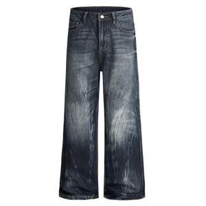 May include: Dark wash denim jeans with a wide leg design. The jeans have a button and zipper closure, classic five-pocket styling, and a faded, distressed appearance. The denim is a medium weight, suitable for various seasons.