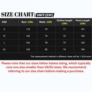 May include: Clothing size chart in centimetres, detailing bust, waist, clothes length, and pants length for sizes S, M, L, and XL. Includes a note about Asian sizing and measurement differences.